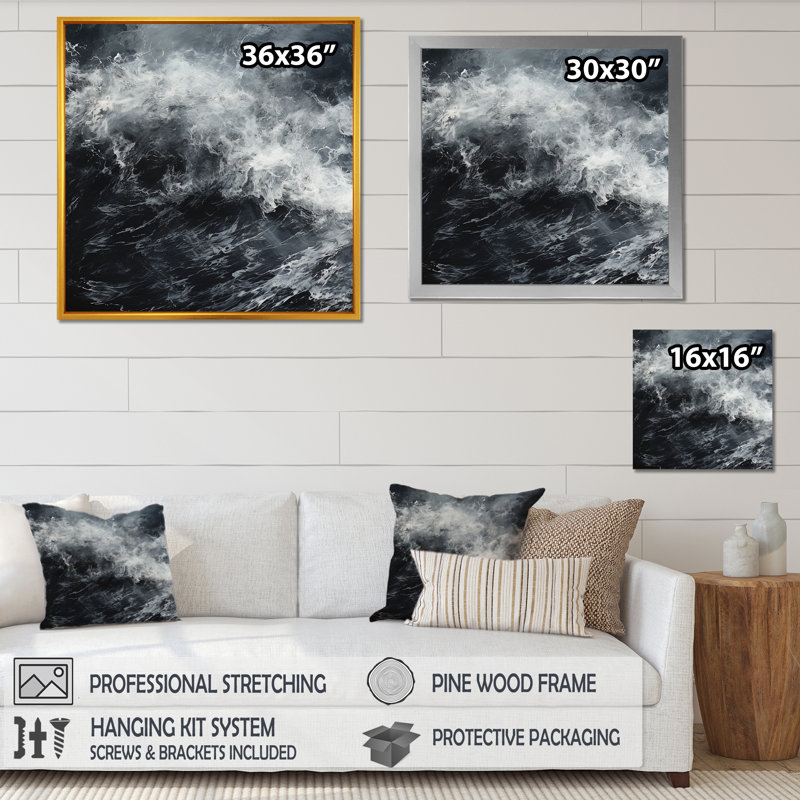 Tempête de vague noire et blanche I sur toile, Cadre flottant noir, H 16 po x l 16 po x P 1 po