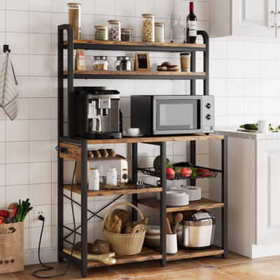 Étagère de rangement à plusieurs niveaux - étagère de boulanger à 6 niveaux avec prise de courant, support pour micro-ondes, tablettes ouvertes, panier grillagé - bar à café industriel pour la cuisine, la salle à manger ou la chambre d'enfant - brun