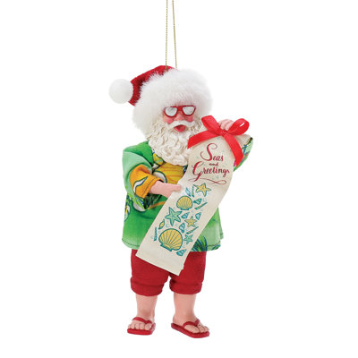 Possible Dreams Santa Holding Seas and Greetings Banner Ornament 3 Inch