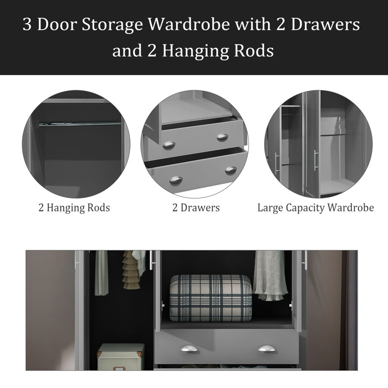 Armoire de rangement 3 portes avec 2 tiroirs et 2 tringles de suspension, gris