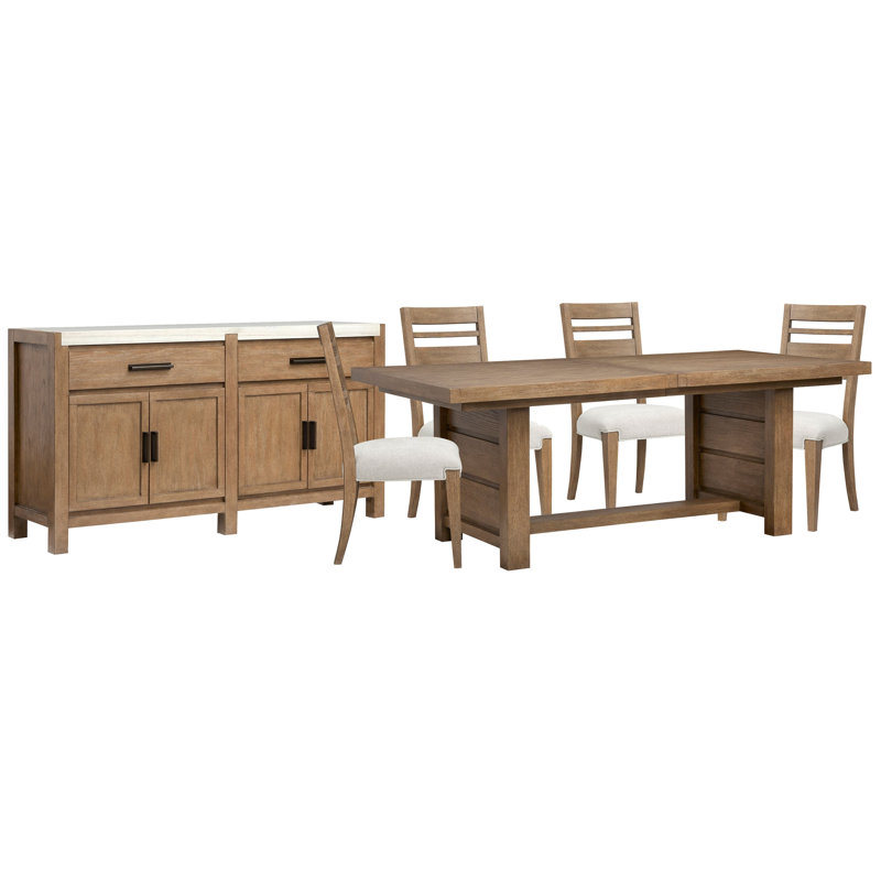 Extendable Trestle Dining Table With 4 Side Chairs And Server, 6 Pieces: Table, 4 Chairs, Server