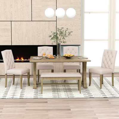 6-Piece Farmhouse Dining Table Set, Rectangular Trestle Table And 4 Upholstered Chairs & Bench For Dining Room