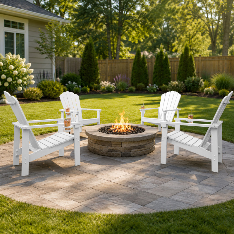 Dareona Set of 2 HDPE Stackable Adirondack Chairs with Cup Holders, All-Weather Outdoor Patio Chairs, White, 2