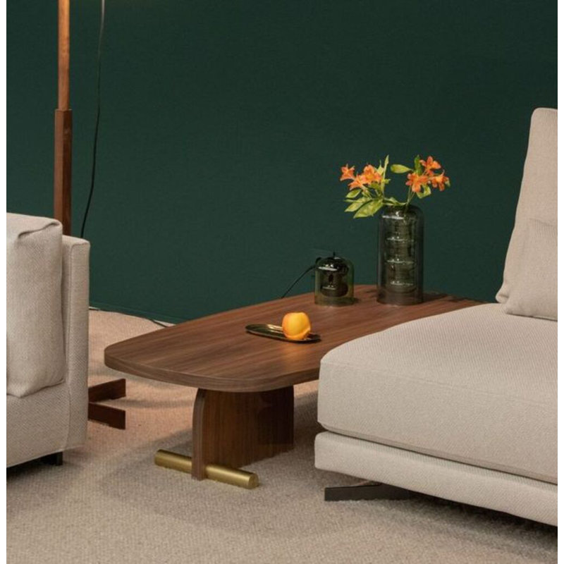 Walnut Oval Solid Wood Coffee Table with Metal Accents