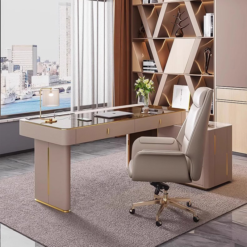 Modern Light Luxury L-Shaped Desk with Glass Top, Home Office Desk, Vanity Table, 29.53" H x 55.12" W x 23.62" D