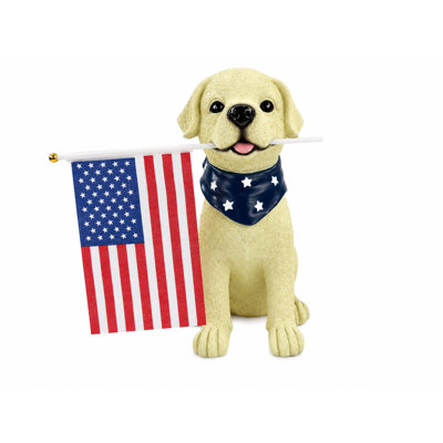Patriotic Polyresin Dog Statue Holding American Flag, Indoor/Outdoor Decor
