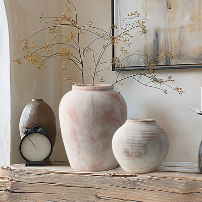 Ensemble de 2 vases de table en grès rustique Tova, ensemble de vases en grès vieilli rose et blanc