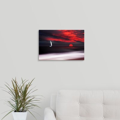 « blanc voilier et rouge coucher de soleil », impression sur toile