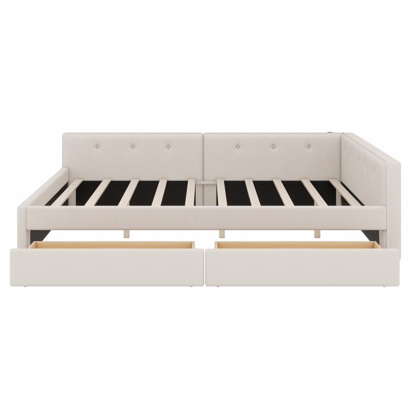 Minimalist Upholstered Bed, USB Charging Design & 2 Storage Drawers