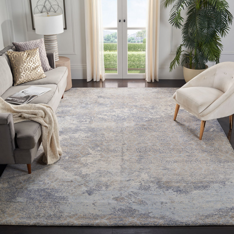 Tapis bleu / ivoire touffeté à la main en laine / viscose Tavant, Rectangle 8 pi x 10 pi