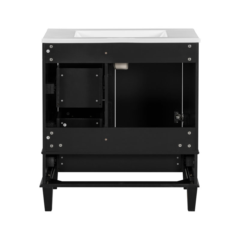Meuble-lavabo simple avec plateau en céramique Shalimar, armoire de rangement moderne avec porte à fermeture douce et structure en bois massif, style autoportant