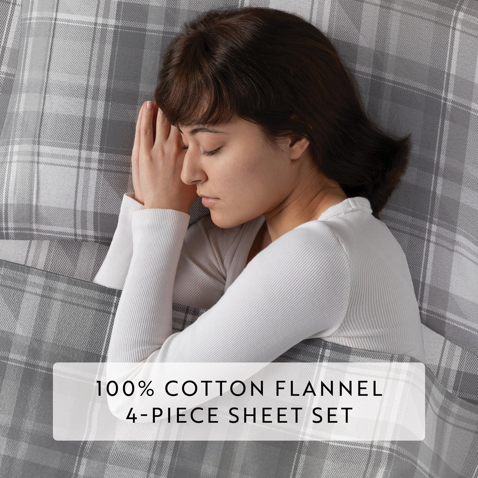 Cotton Flannel Sheet Set, California King Sheet Set, Light Gray / Plaid