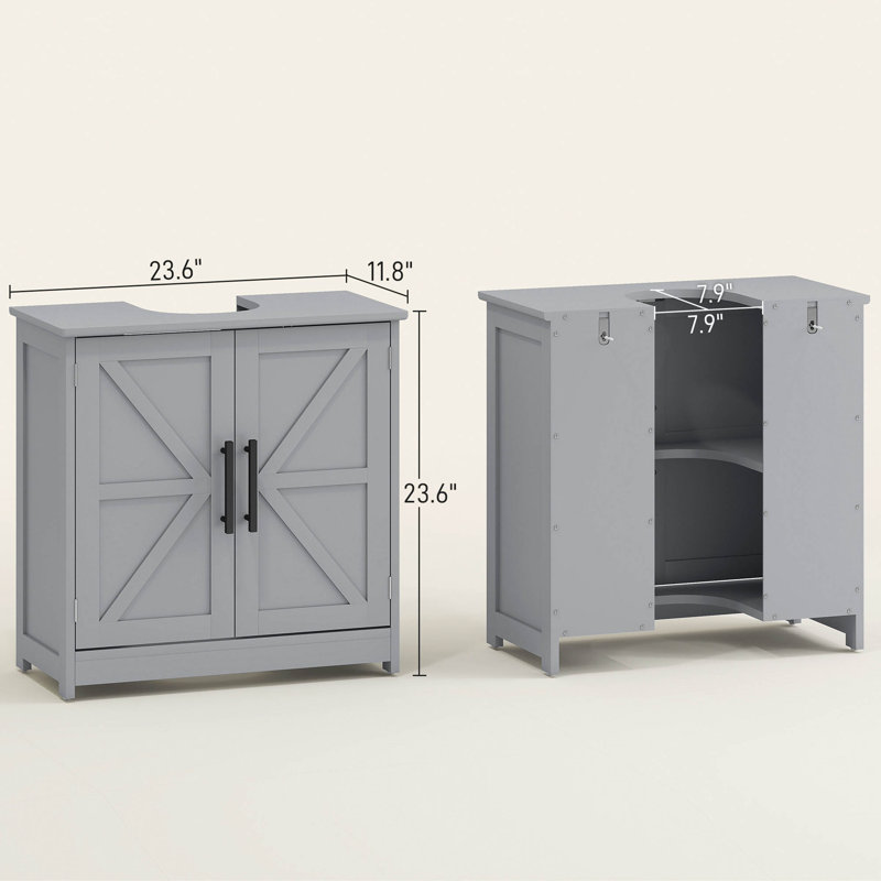 Armoire de rangement à piédestal, lavabo de salle de bain avec 2 portes de grange et tablette réglable (sans lavabo)