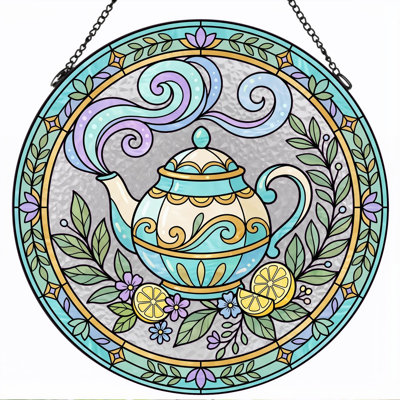 Teapot Design Stained Glass Window Panel，7.8H