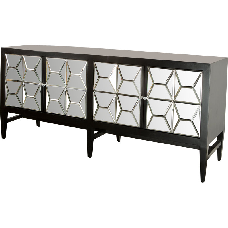 Legault Mirrored 4-Door Black Buffet Table – 72" Glam Sideboard with Spike Design and Interior Shelving, Black