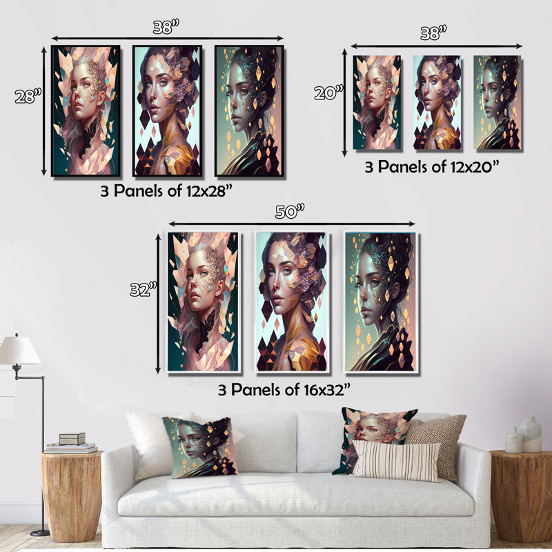 «Crystal Hexagon Woman», 3 pièces sur toile, Cadre naturel flottant, H 28 po x l 36 po