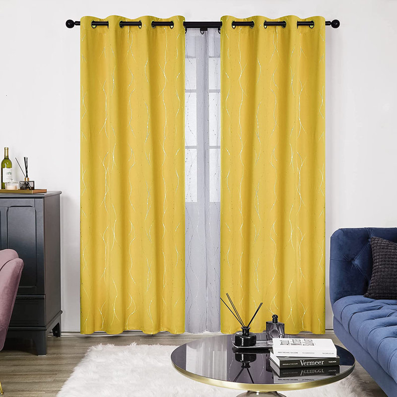 Senath Dotted Line Foil Printed Room Darkening Thermal Curtains, 117cm W x 229cm D, Mellow Yellow