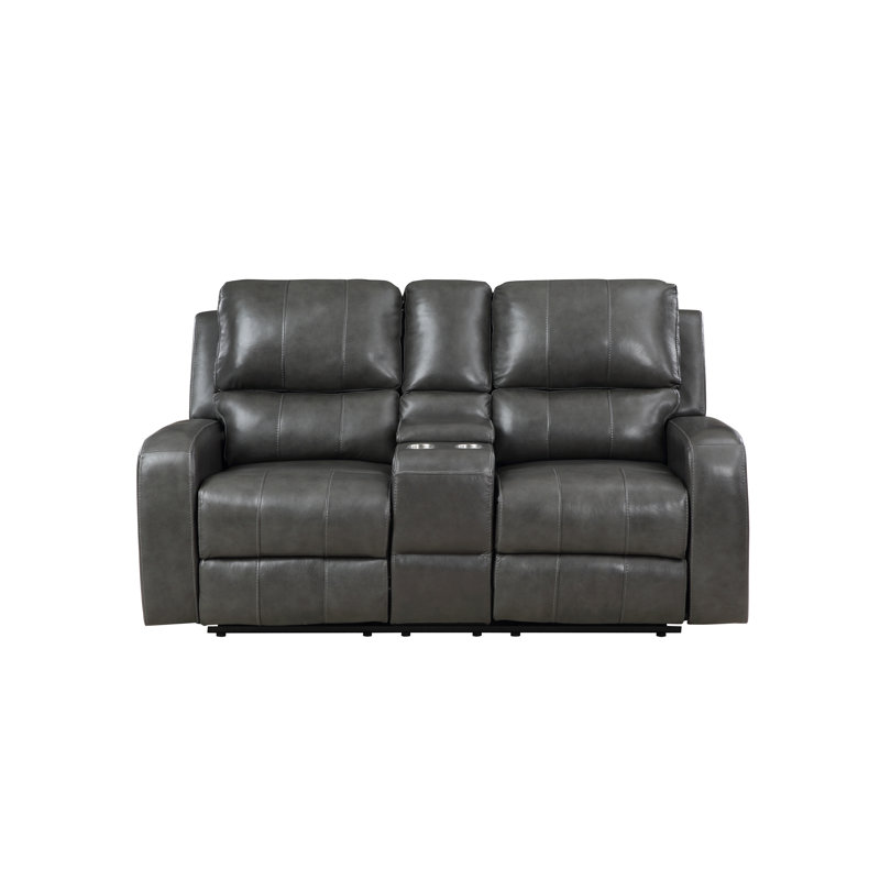 Joela Leather Console Loveseat W/ Dual Recliners, Gray Leather Match, Manual - Push Back