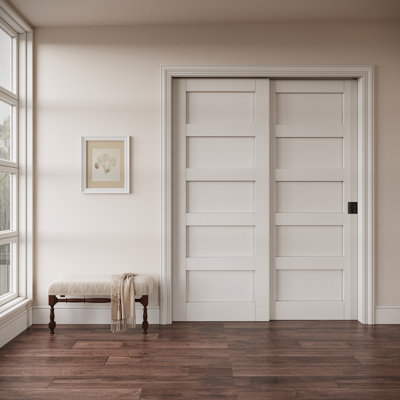 Interior 5-Panel Solid Core Door, CARB P2 Certified MDF Bypass Pocket Doors, with Strengthen Solid Frame & Privacy Black Pocket Lock & Hardware Kit, Pre‑Finished & Waterproof, for Pantry, Bedroom & Closet, Easy DIY Stain, 56"x 80"