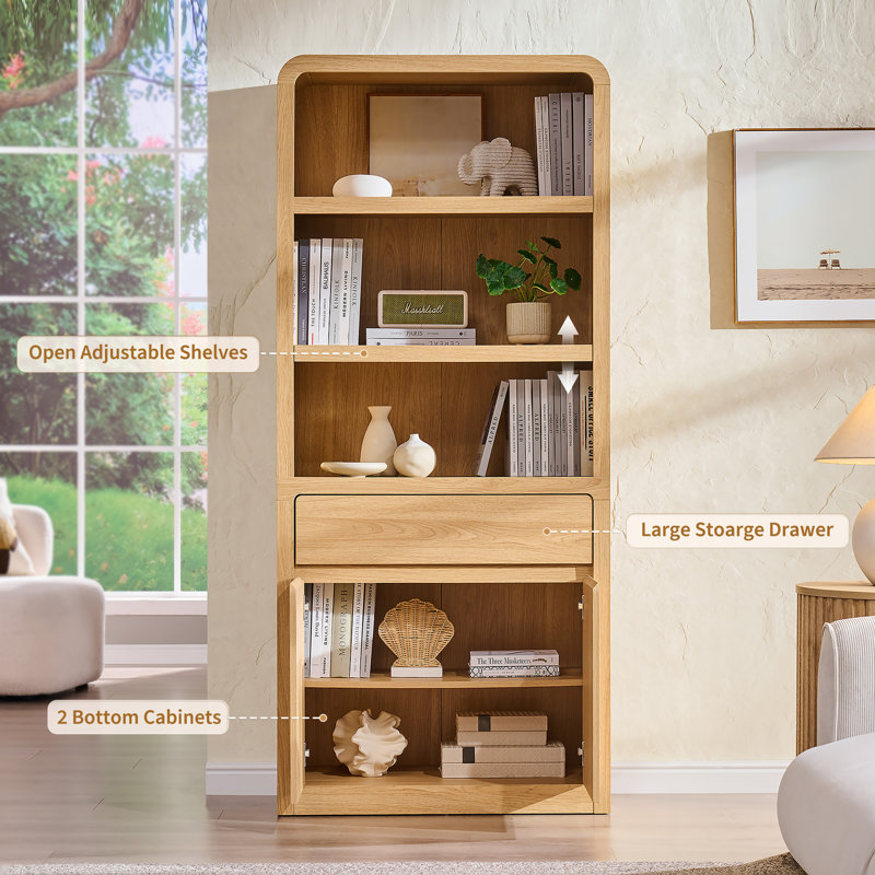 Maud 72" Tall Modern Bookcase with Doors & Drawer, 5-Tier Large Shelving Unit with Adjustable Shelves, Versatile Book Shelf w/Curved Profile Design