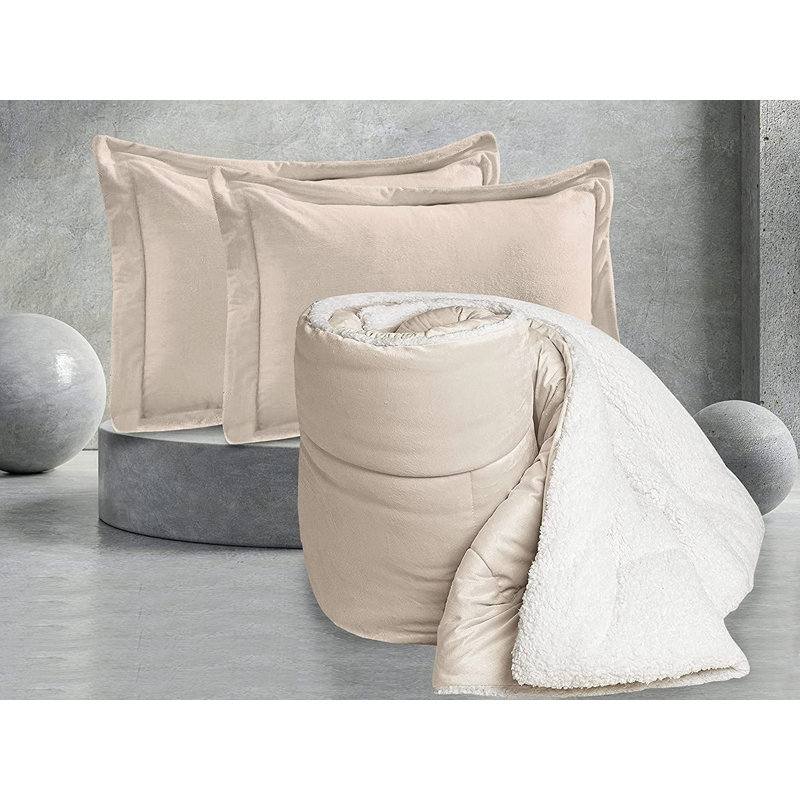 Mocassi Solid Sherpa Geometric Shapes Comforter, Cream, Twin Comforter + 1 Standard Sham