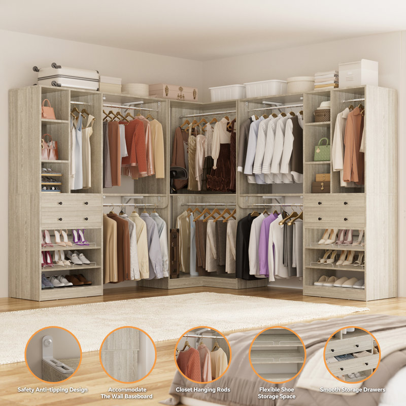 Navada 90.5"-149.5" Closet System with Wooden Drawers and Shoe Racks, Washed Oak