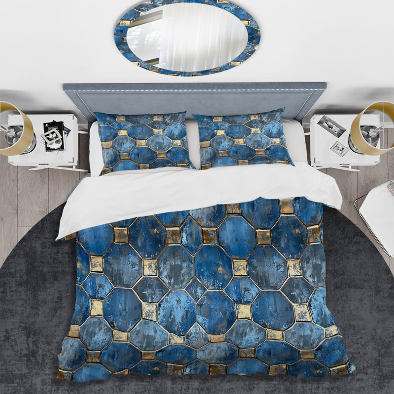 Ensemble de housse de couette transitionnelle Sky Blue Gold Octagon, Housse de couette pour grand lit et 2 taies décor