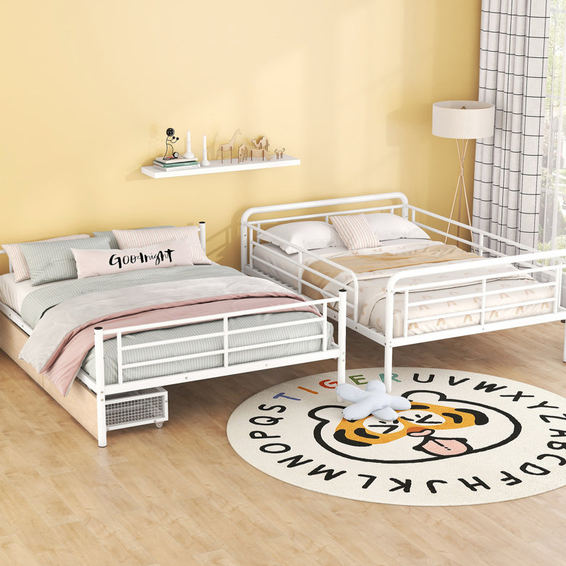Lit superposé au-dessus de grand lit double blanc avec 2 tiroirs - Fer contemporain fabriqué en fer, sécuritaire et écoénergétique