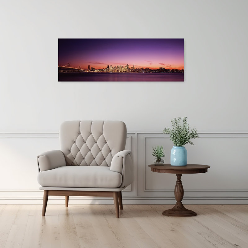 Suspension bridge with city skyline at dusk Bay Bridge San Francisco Bay San Francisco California USA 1 Piece Wrapped Canvas Panoramic Wall Art