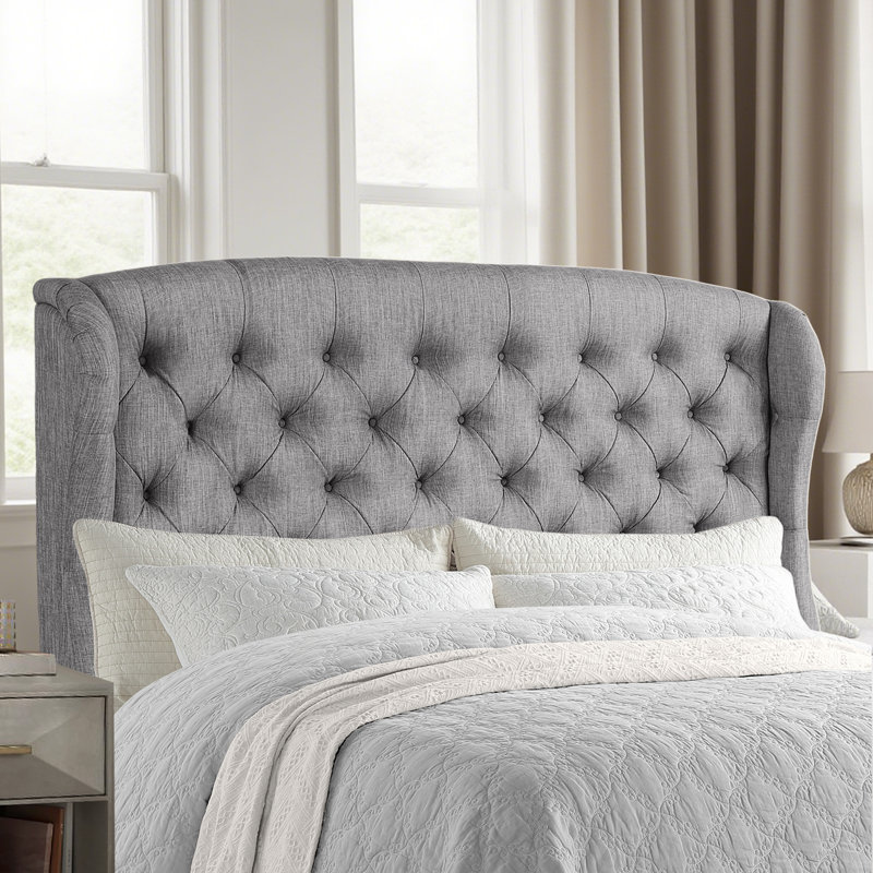 Luxury Linen Upholstered Wingback Headboard – Modern - Adjustable Height - Button Tufting, Gray, Queen