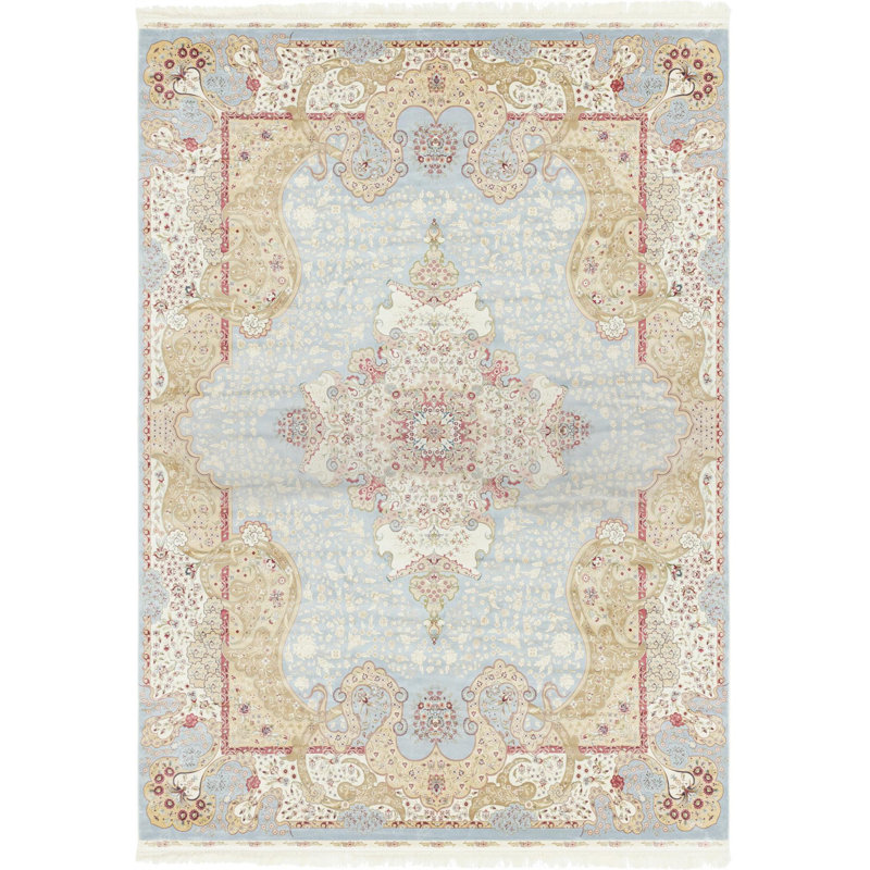 Tapis oriental en lattes de bambou bleu clair Nasheem, Rectangle 9 pi x 12 pi