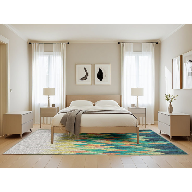 Tapis vert/jaune/gris à motifs, Rectangle 5 pi x 8 pi