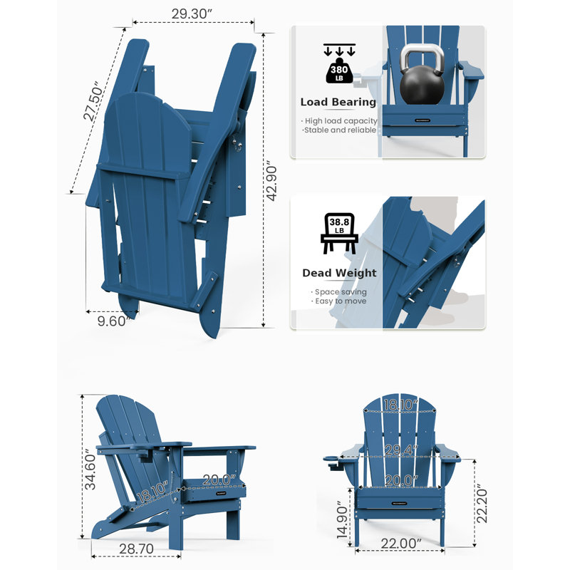 Outdoor Adirondack Chair Set Fire Pit Chair HDPE Foldable Patio Chair With Cup Holder, Blue