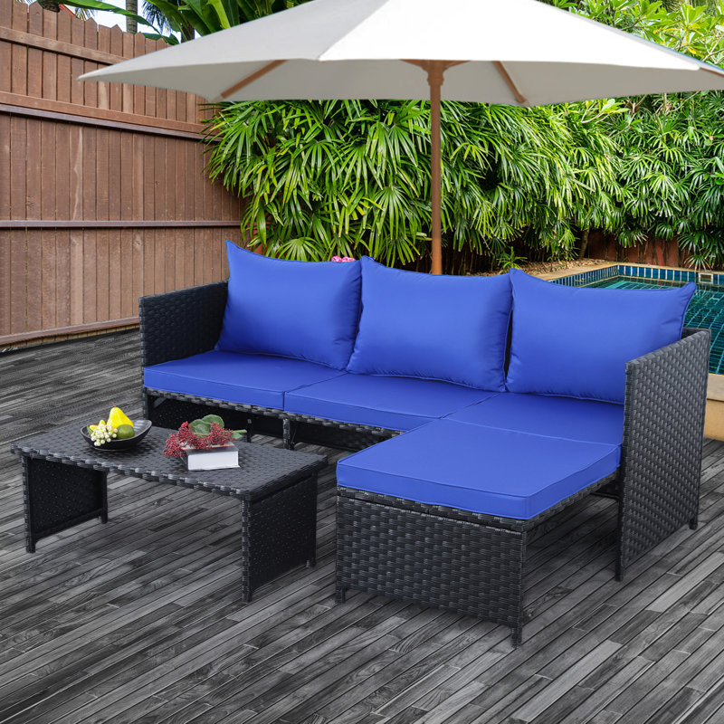 Othoson 4 - Person Outdoor Wicker Patio Conversation Furniture Set with Table and Cushion, Blue