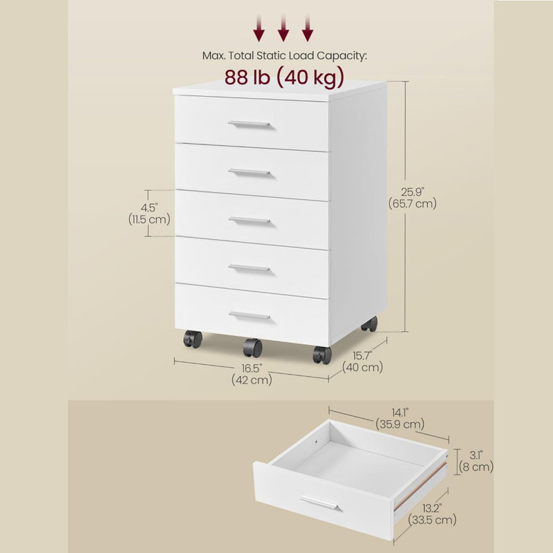 Rolling Filing Cabinet with Wheels and 5 Drawers, Tool-Free Sliding Rails, Cloud White