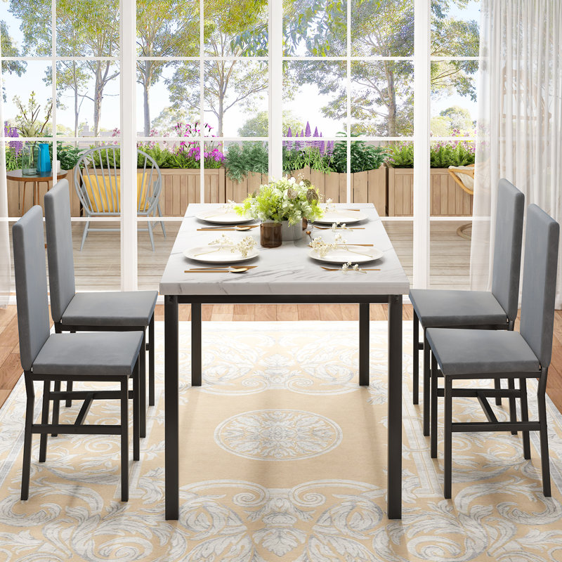 Janece 5 - Piece Dining Set with Velvet Upholstered Dining Chairs, Gray, Mable White/Black