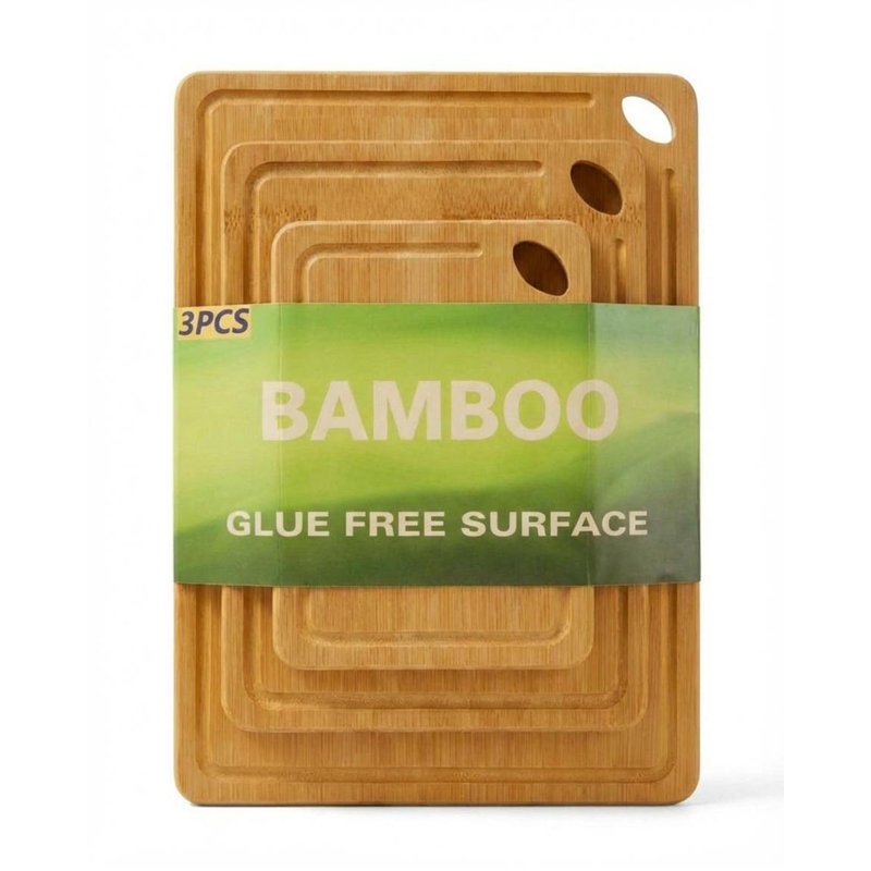 Ensemble de 3 planches à découper en bambou pour la cuisine, planche à découper en bois 15 x 10/12 x 8/9 x 6 po avec rainure à jus profond et trou de suspension
