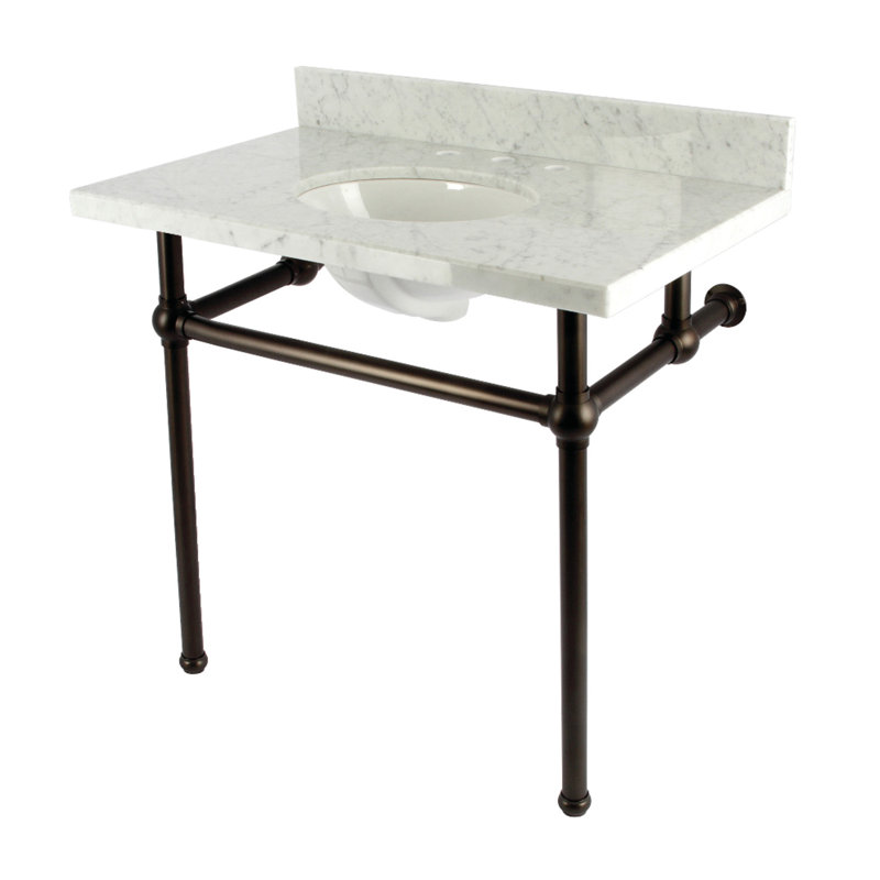 Kingston Brass Templeton 36-Inch Carrara Marble Console Sink with Brass Legs (8-Inch, 3-Hole), Marble White/Oil Rubbed Bronze