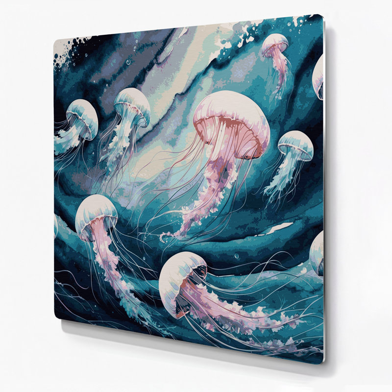 Art mural en métal bleu méduse nautique, H 12 po x l 12 po