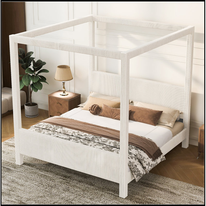 Grand lit plateforme avec auvent et tête de lit, Beige