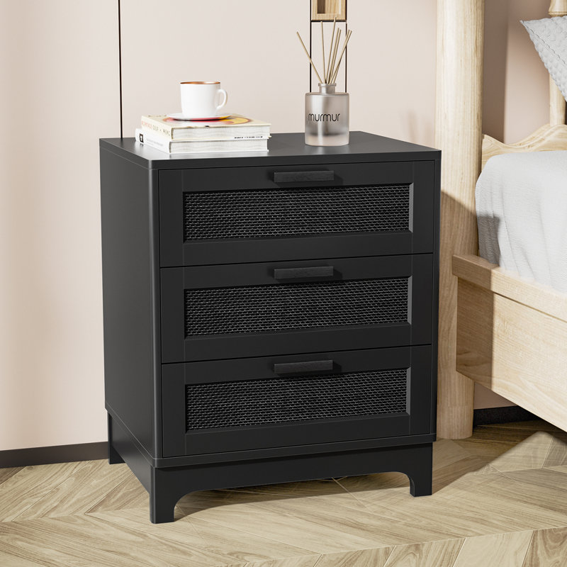 Table de chevet en rotin l 19,7 po avec 3 tiroirs pour chambre à coucher et table de chevet en bois Cabhan - noir