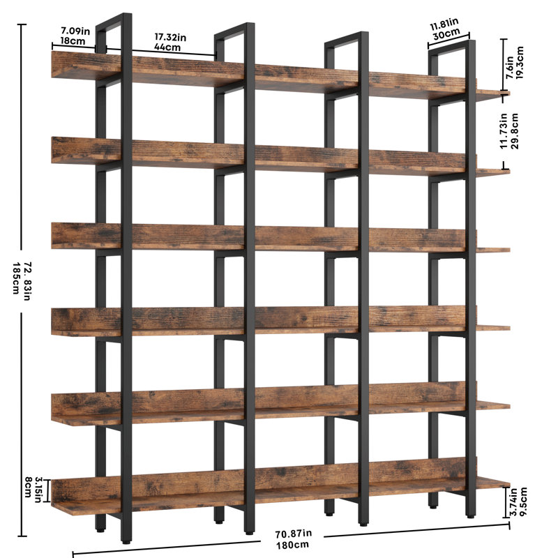 Petrache Bookcase, (6 Shelves) 72.83"H x 70.87"W x 11.8"D, Rustic Brown/Black