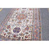 Tapis décoratif en laine de conception unique noué à la main des années 1990 Ivoire 5 pi 6 po x 8 pi 7 po Briyit