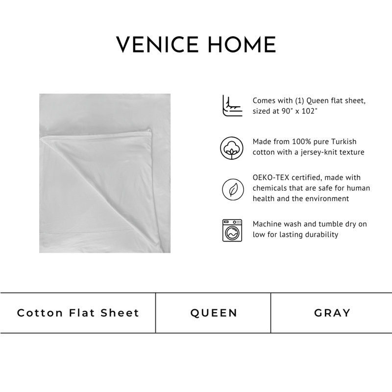 100% Cotton Jersey Knit Flat Sheet, Queen Flat Sheet, Gray