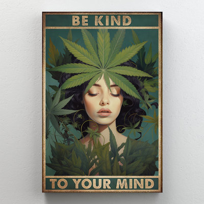 Be Kind To Your Mind Woman With Green Leaves Wrapped Canvas Wall Art - Living Room, Bedroom, or Office Décor