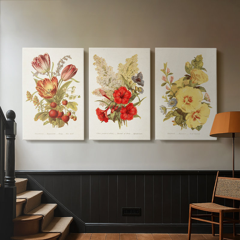 Antique Floral Bouquet IV - Toile tendue avec châssis sur mesure - 3 pièces, H 12 po x l 24 po