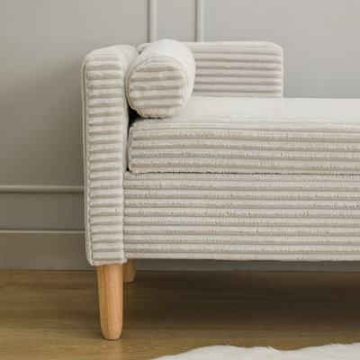 Banc de rangement rembourré à rabat en chenille, repose-pieds capitonné avec accoudoirs et dossier et 2 traversins en bois d'hévéa blanchi