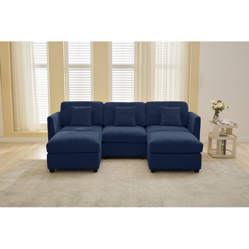 5-piece Modular Sectional Sofa With 2 Ottomans, Dark Blue Corduroy