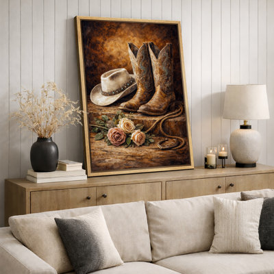 Vintage Western Cowboy Boots Hat Still Life Artwork, Rustic Farmhouse Living Room Pictures, Framed Canvas Giclee Print Wall Art