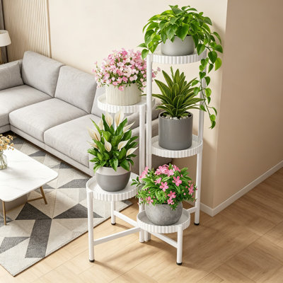 5 Tier Large Plant Stand Indoor with 7.9 Inch Wide Trays, Tiered Corner Metal Outdoor Flower Display Holder Shelf, Folding Tall Rack for Patio Porch Living Room Balcony - White